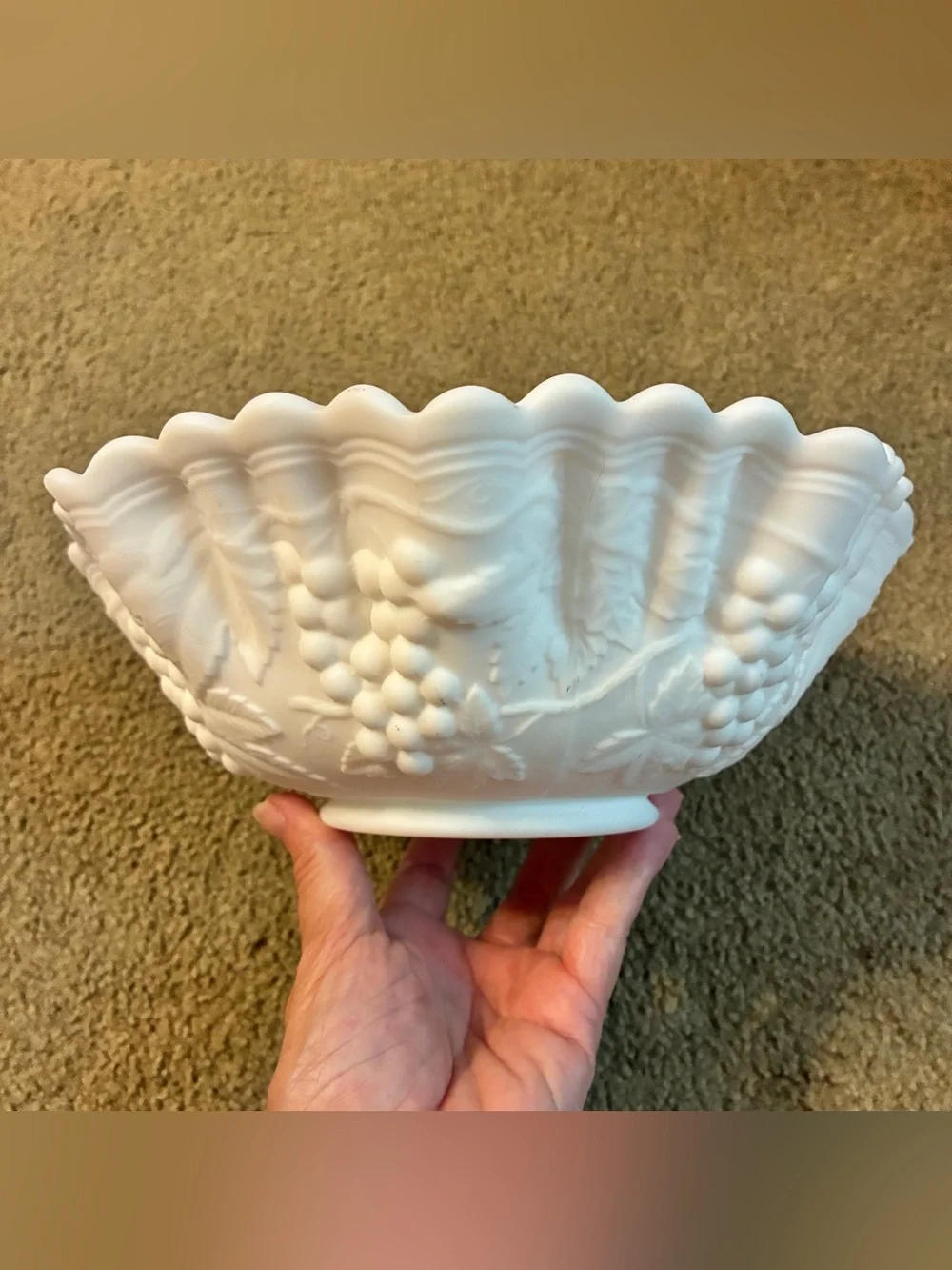 Vintage Imperial Glass White Milk Glass Ruffled Edge Grape/Leaf Pattern Bowl
